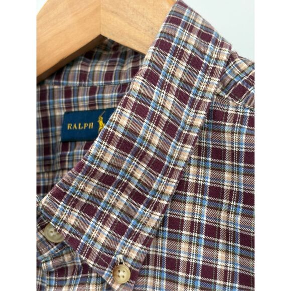 Ralph Lauren Button Down Shirt Plaid Men XL Maroon Red Blue Tan Long Sleeve - Picture 1 of 9